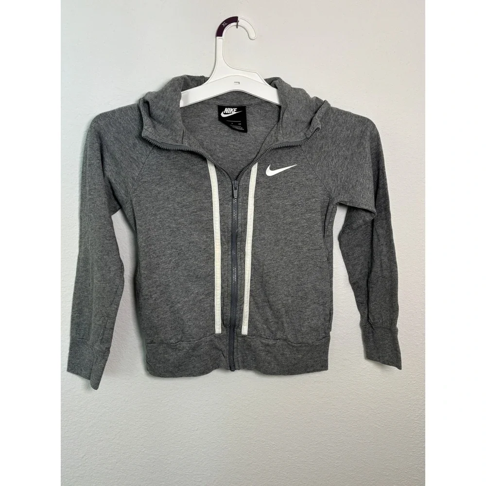 Nike Girls Gray Full Zip Hoodie Sweatshirt White Stripe Swoosh Logo Size S